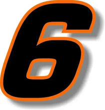 Cargar imagen en el visor de la galería, Custom Race Number Vinyl Sticker – Square Font, Black &amp; Orange Border | 5 Sizes, Digits 0–9