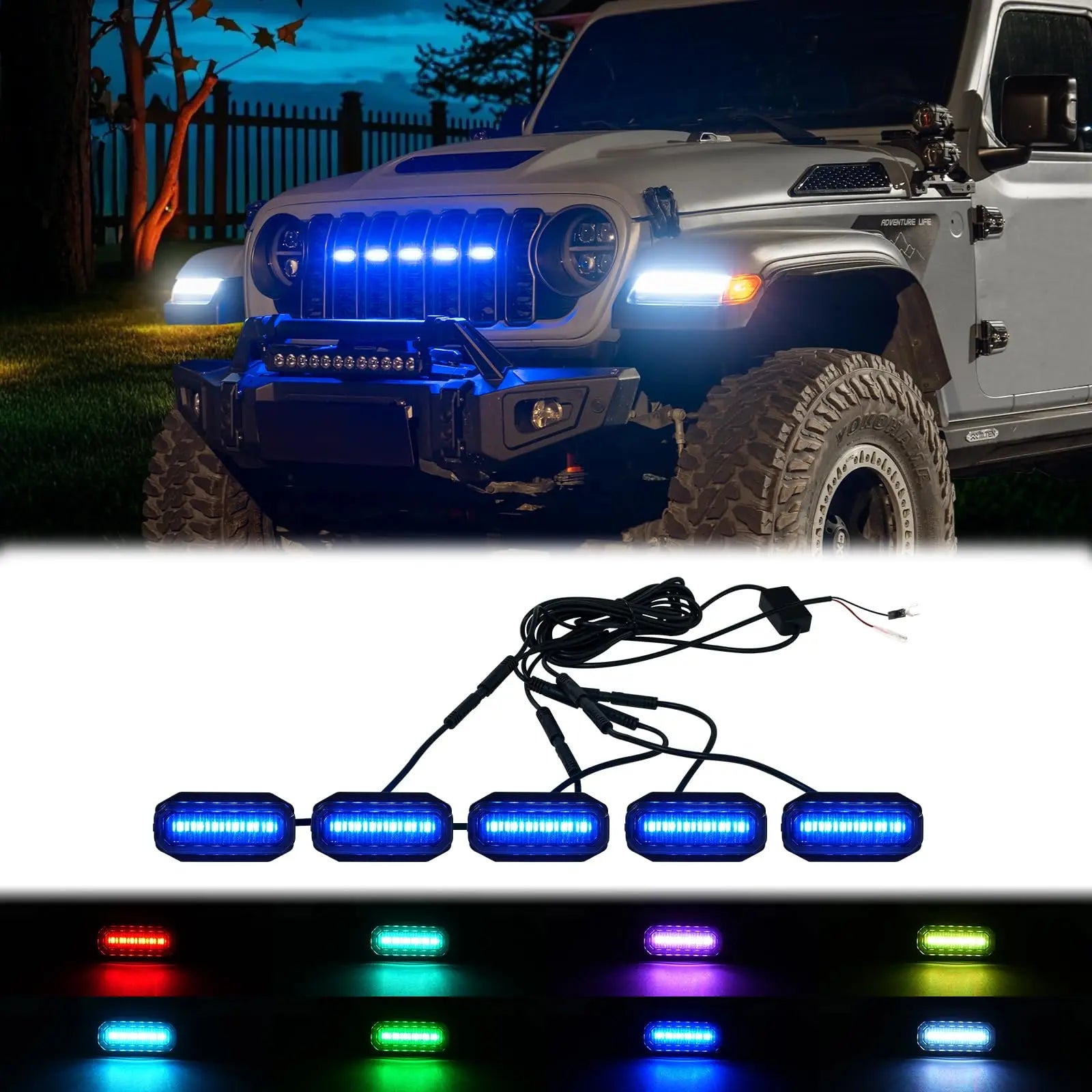 MAIKER RGB LED Front Grille Lights For 2024-2025 Jeep Wrangler JL JLU JT Original Factory Grille, 5PCS RGB Exterior Grill Lamp
