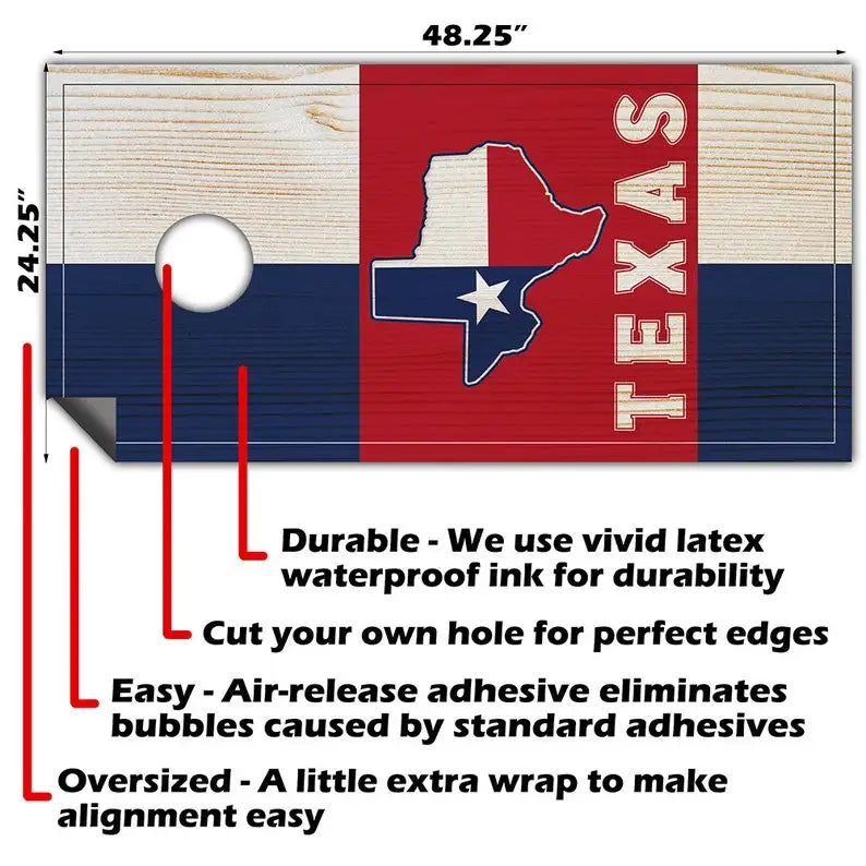 Cornhole Board Wraps and Decals for Boards Set of 2 Skins Professional Vinyl Covers Sticker - Texas State Tailgating Decal