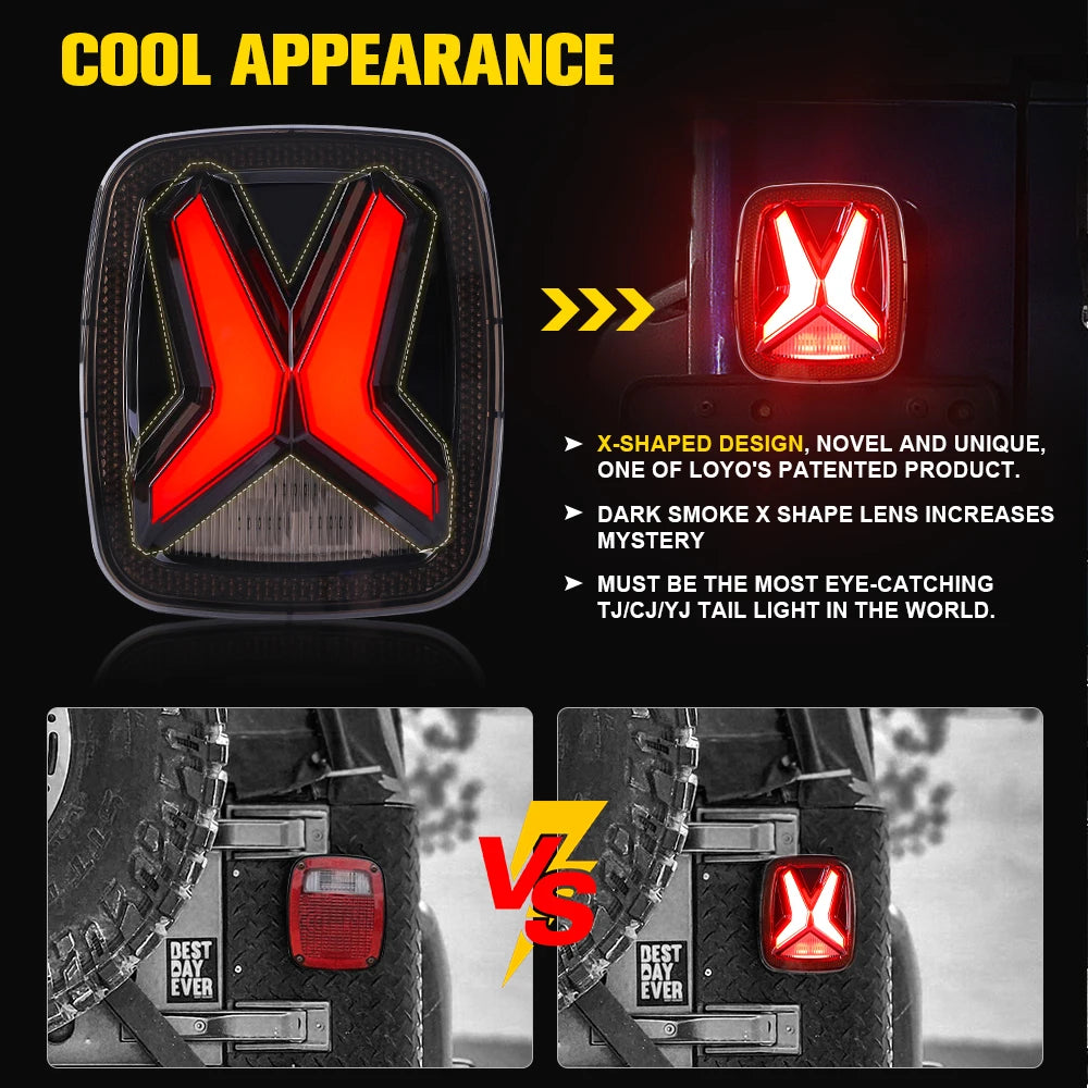 Rear LED Tail Lights for Jeep Wrangler CJ/TJ/YJ (1998–2006) | Universal X-Shape CE/DOT/EMARK