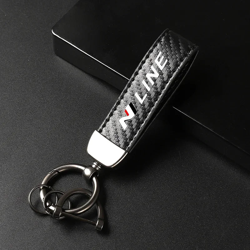 Carbon Fiber Leather Keychain with Horseshoe Buckle for Hyundai N Line Models | Premium Accessory for Elantra, Sonata, Veloster, and More