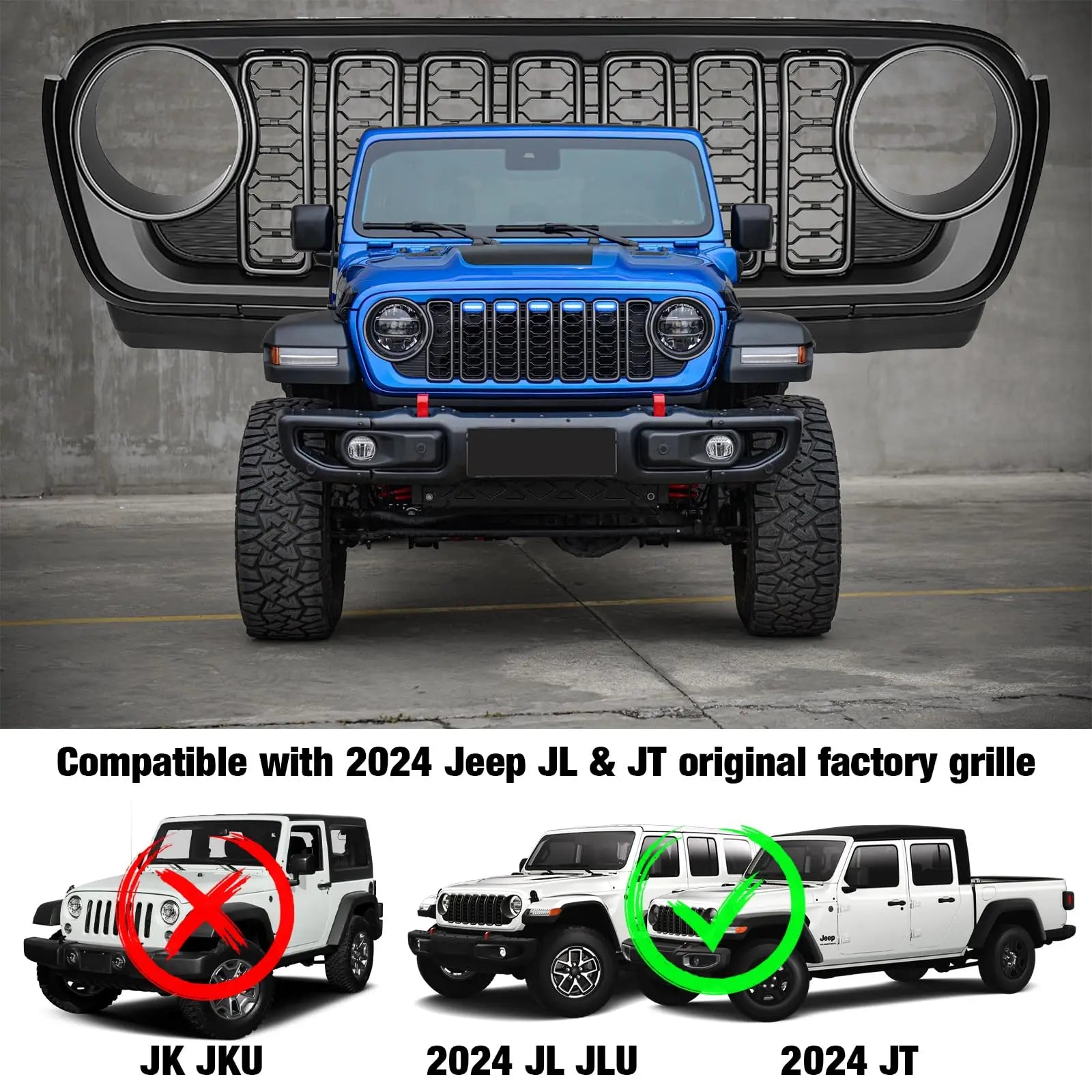MAIKER RGB LED Front Grille Lights For 2024-2025 Jeep Wrangler JL JLU JT Original Factory Grille, 5PCS RGB Exterior Grill Lamp