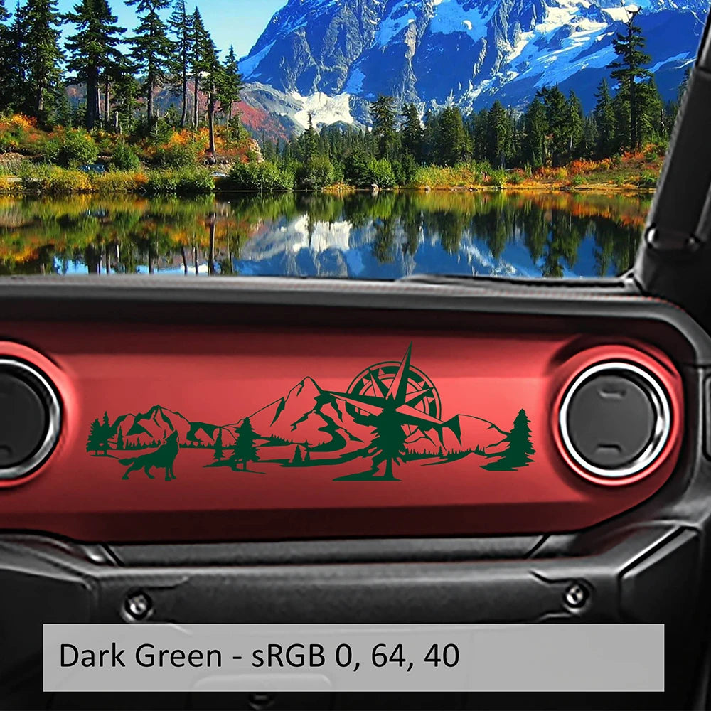Jeep Wrangler JL & Gladiator JT Dashboard Decal – Wolf, Mountain & Compass Scene Vinyl Sticker (2018+)
