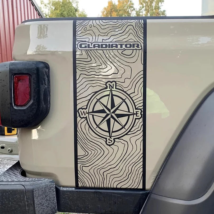 Compass Map & Skull Blackout Bedside & Tailgate Decal Kit for Jeep Gladiator JT | Vinyl Wrap Pair