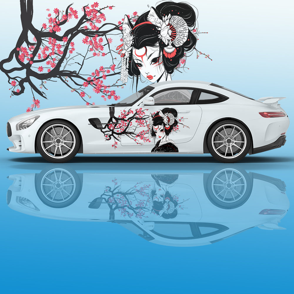 Geisha Plum Blossom Car Decal - Ink Painting Side Graphic Vinyl Racing Decoration