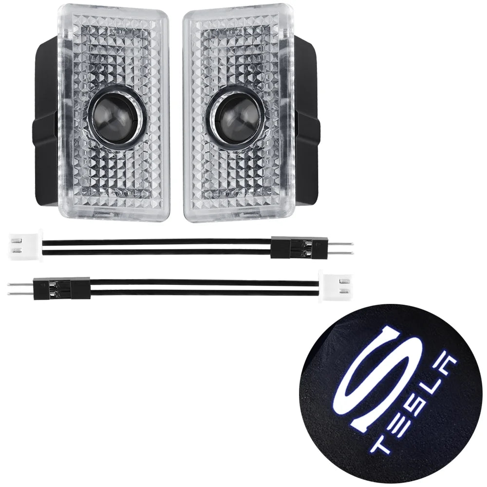 2pcs Car Door LED HD Projector puddle lights Welcome Lights For Tesla Model S 2015-2016 Model X 2016 Auto Valve Core Accessories