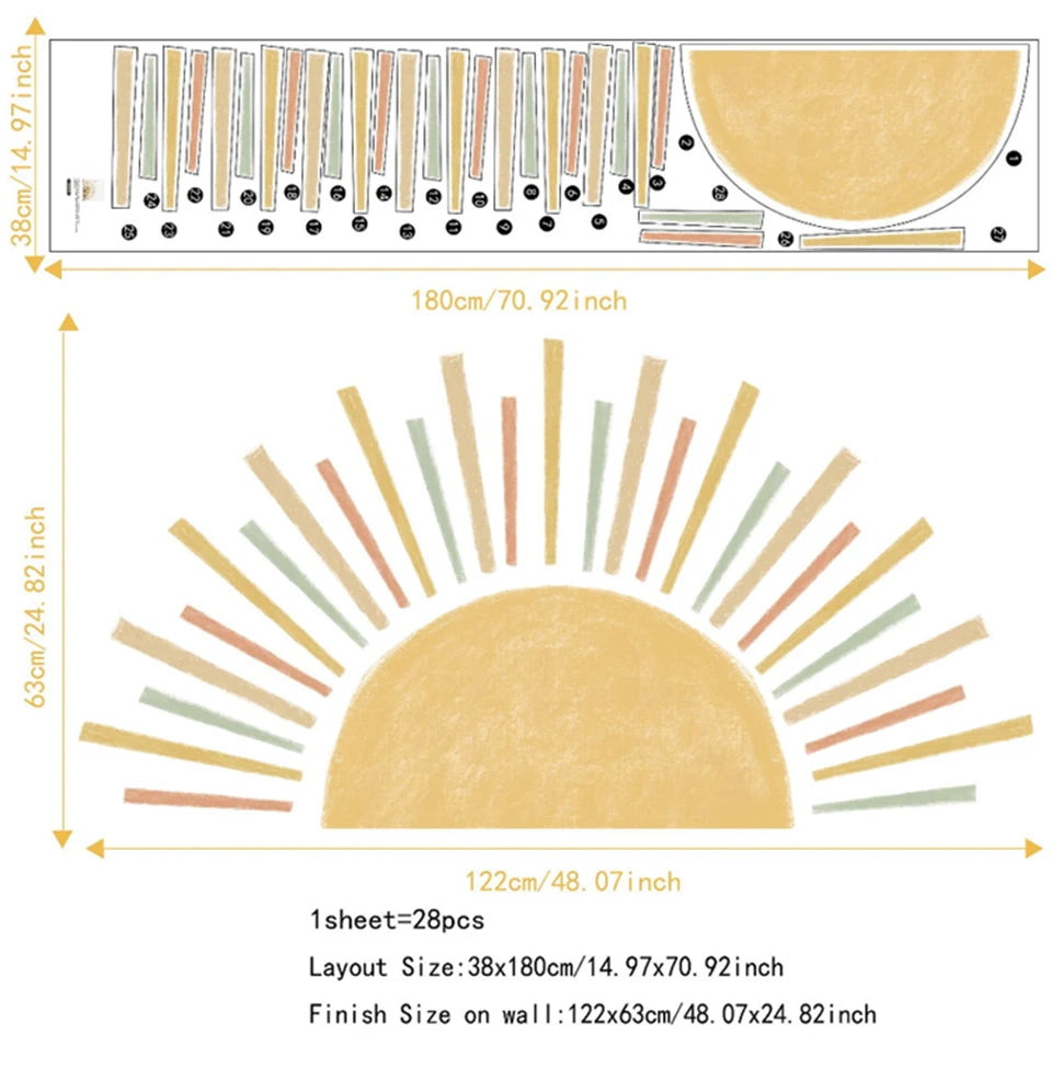 Boho Sun Wall Stickers - Self-Adhesive Nursery Wallpaper for Kids' Rooms