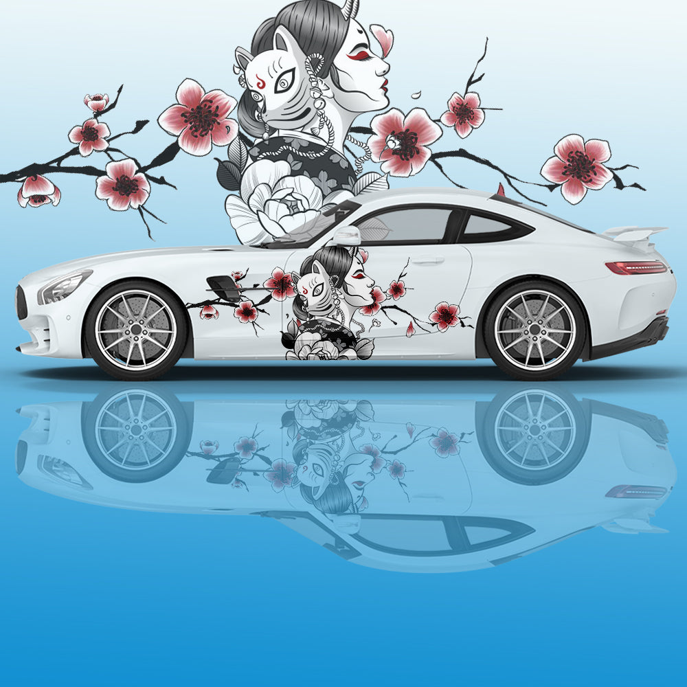 Geisha Plum Blossom Car Decal - Ink Painting Side Graphic Vinyl Racing Decoration