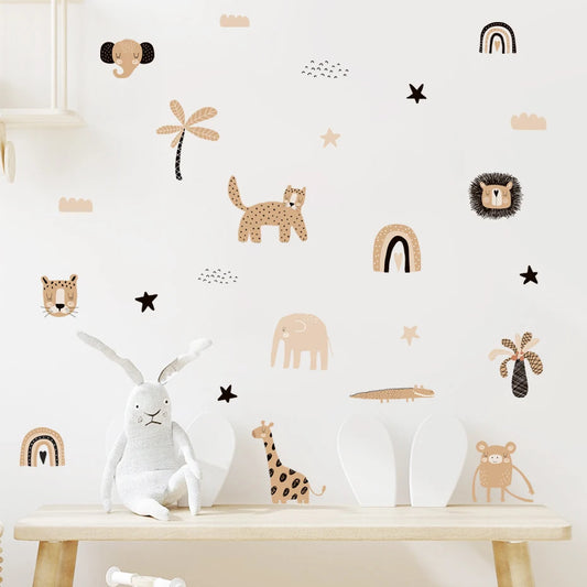 Boho Cartoon Rainbow & Animal Wall Decals - Watercolor Nursery Stickers for Kids' Rooms