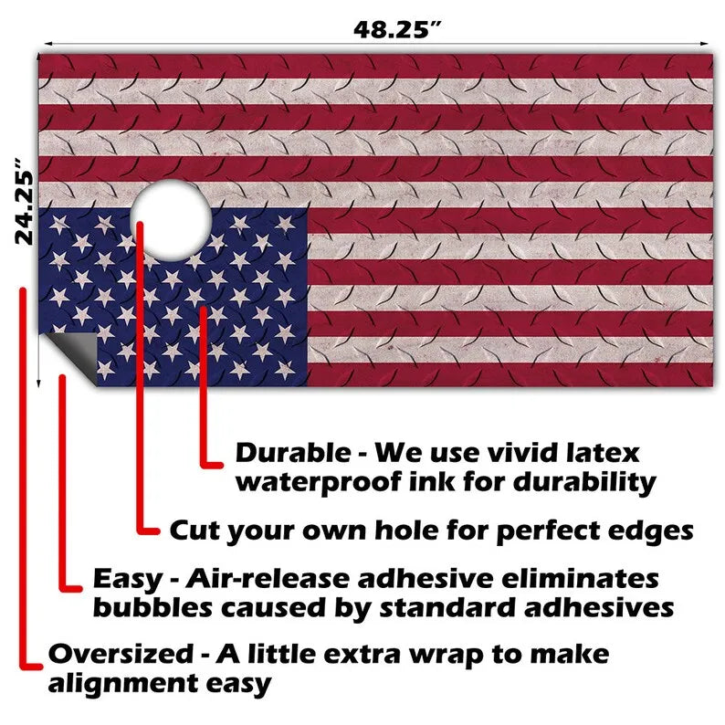 Cornhole Board Wraps - Set of 2 USA American Flag Steel Art Vinyl Decals for Professional Boards