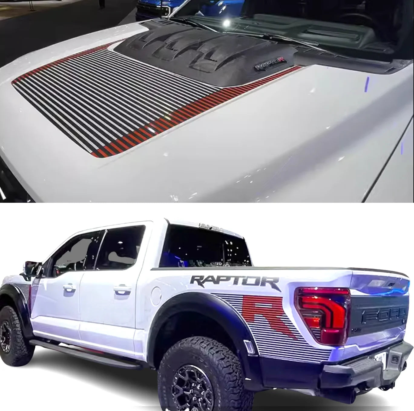 Sport R Bedside & Hood Stripe Decal Kit for Ford F-150 Raptor (2024) | Matte Black + Red Precut Vinyl