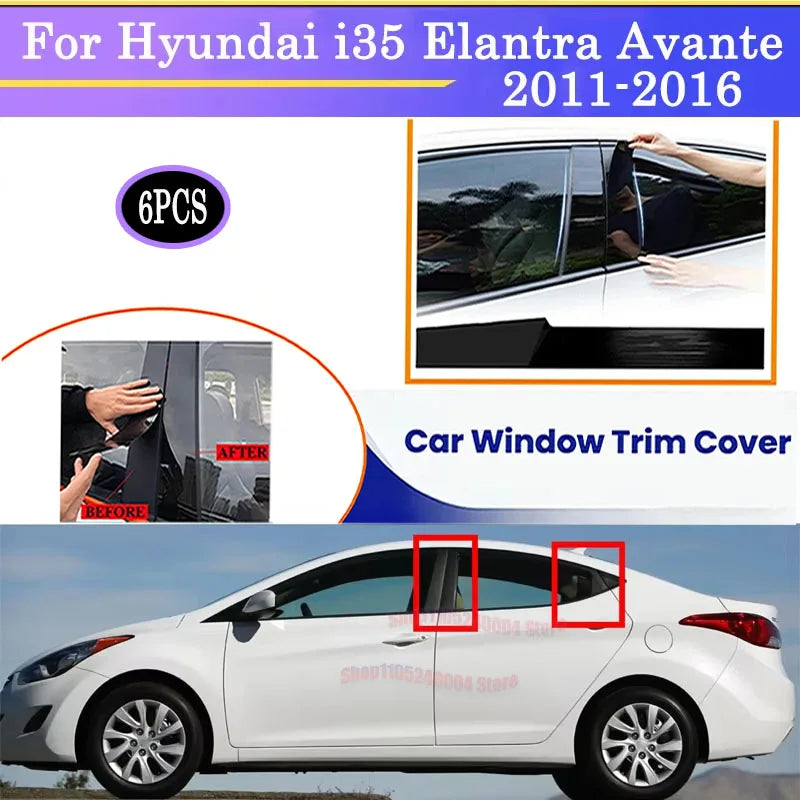 For Hyundai i35 Elantra Avante 2011-2016 6Pcs High Gloss Black Silver Carbon B & C Pillar Cover Protective Trim OE Style Set