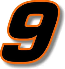 Cargar imagen en el visor de la galería, Custom Race Number Vinyl Sticker – Square Font, Black &amp; Orange Border | 5 Sizes, Digits 0–9