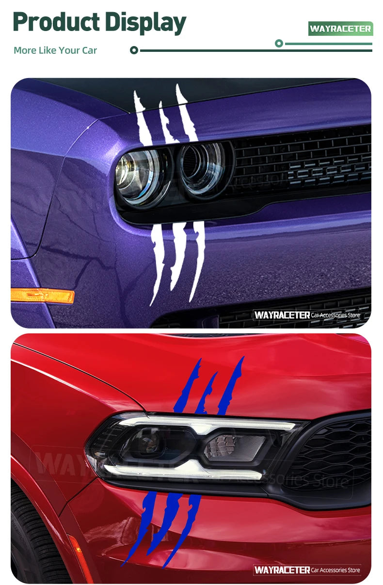 Reflective Ghost Claw Headlight Eyebrow Stickers - Dodge Challenger, Charger, Durango, Nitro, Journey, Dart Decals