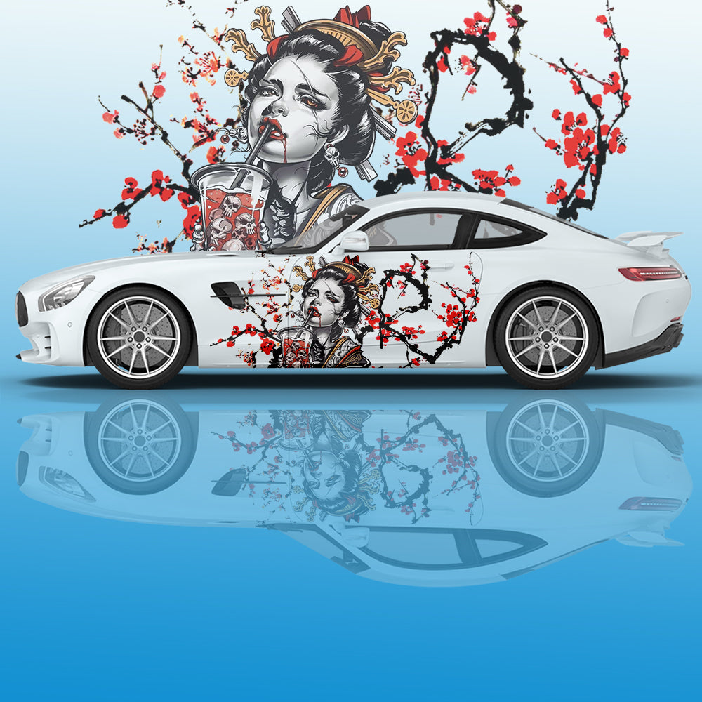 Geisha Plum Blossom Car Decal - Ink Painting Side Graphic Vinyl Racing Decoration