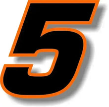 Cargar imagen en el visor de la galería, Custom Race Number Vinyl Sticker – Square Font, Black &amp; Orange Border | 5 Sizes, Digits 0–9