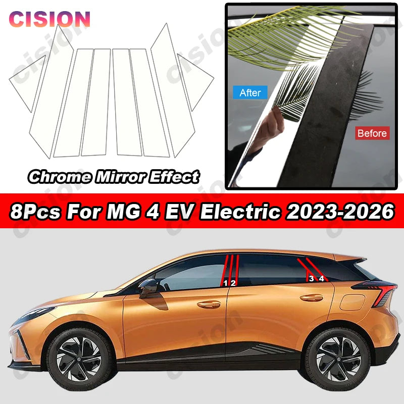 Glossy Carbon Fiber Black Chrome Car Door Window Center BC Pillar Post Middle Column Cover Trim PC Sticker For MG 4 EV 2023-2026