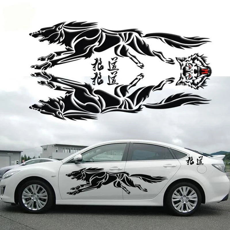 Tribal Hunting Cat & Wolf Vinyl Decal - Grunge Tattoo Design for Dodge Charger, Car, or Truck