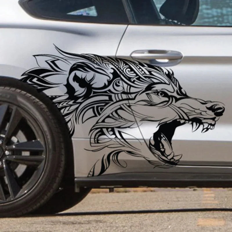 Tribal Hunting Cat & Wolf Vinyl Decal - Grunge Tattoo Design for Dodge Charger, Car, or Truck