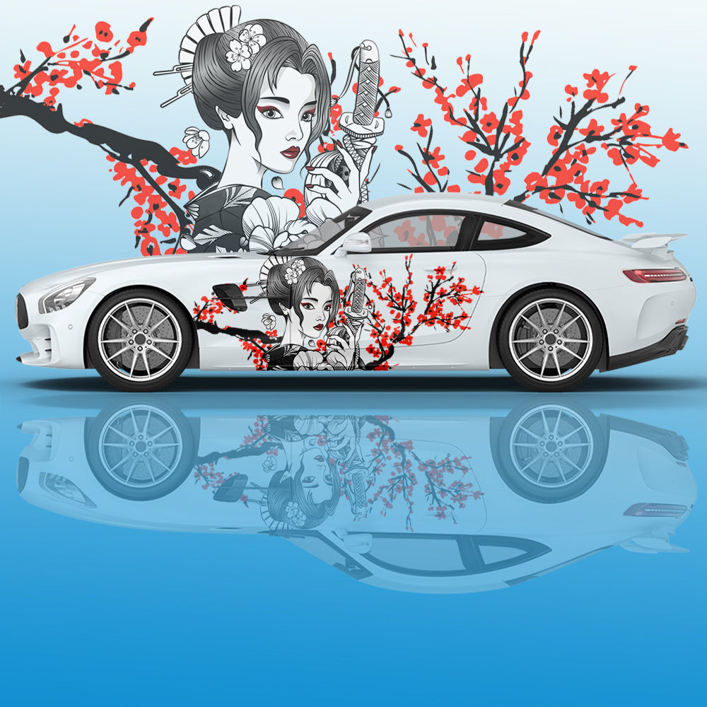 Geisha Plum Blossom Car Decal - Ink Painting Side Graphic Vinyl Racing Decoration