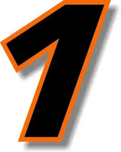 Cargar imagen en el visor de la galería, Custom Race Number Vinyl Sticker – Square Font, Black &amp; Orange Border | 5 Sizes, Digits 0–9