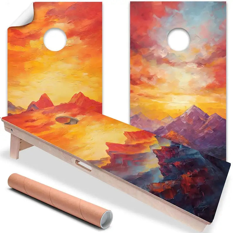 Cornhole Board Wraps and Decals for Boards Set of 2 Skins Professional Vinyl Covers Sticker -Mountain Morning Painting Art Decal