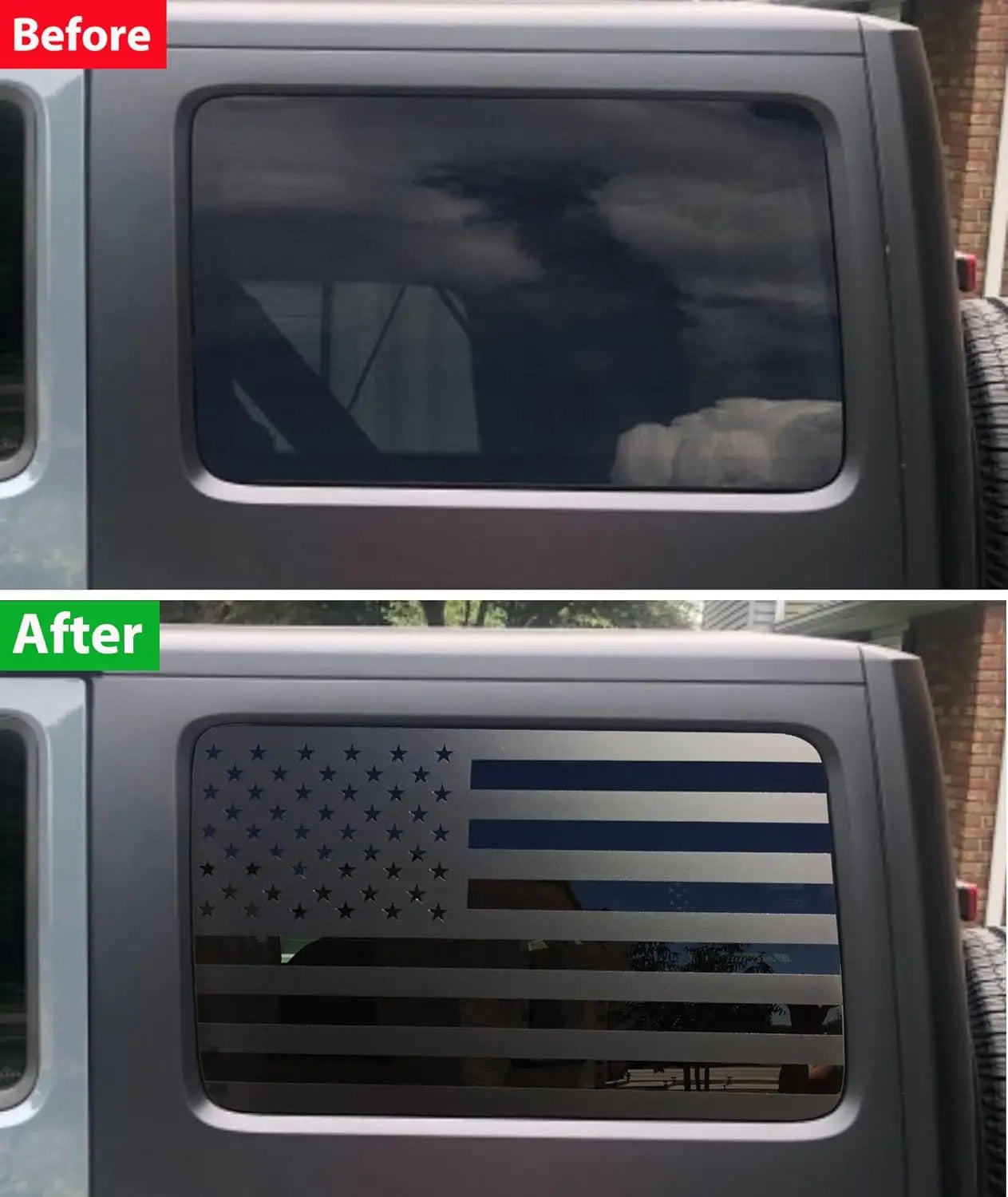 Jeep Wrangler JK / JKU American Flag Rear Window Decal – Precut Stars & Stripes Back Side Window Sticker (2-Pc Set, 4-Door)