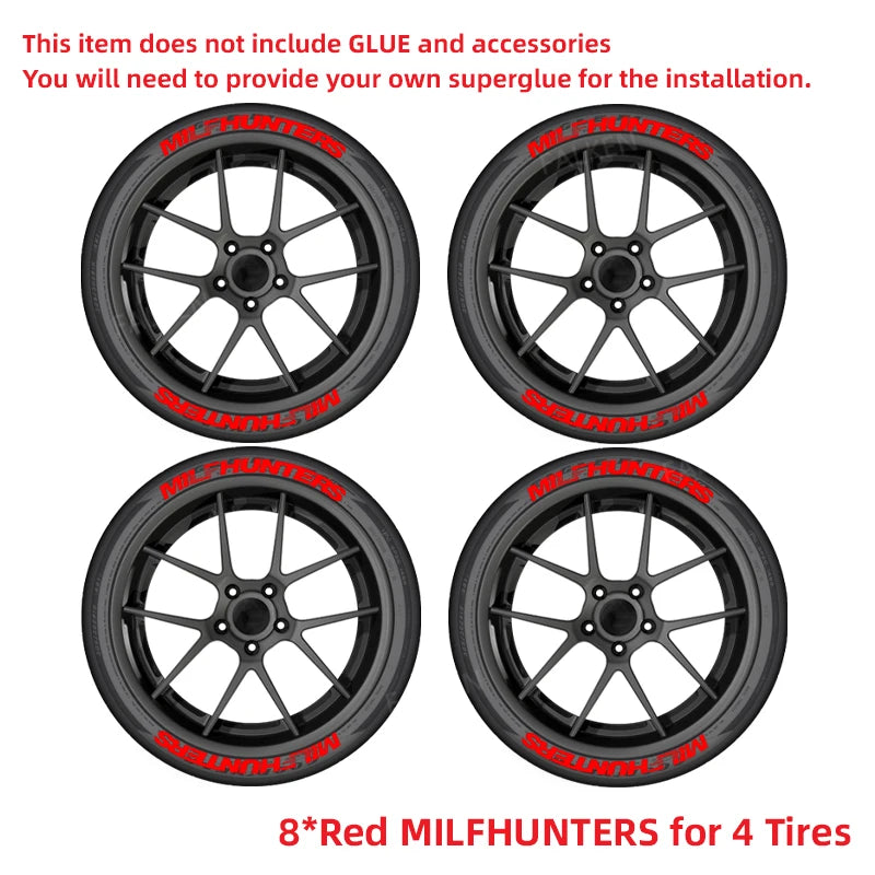 MILFHUNTERS Red Tire Letter Stickers | Universal Rubber Wheel Sidewall