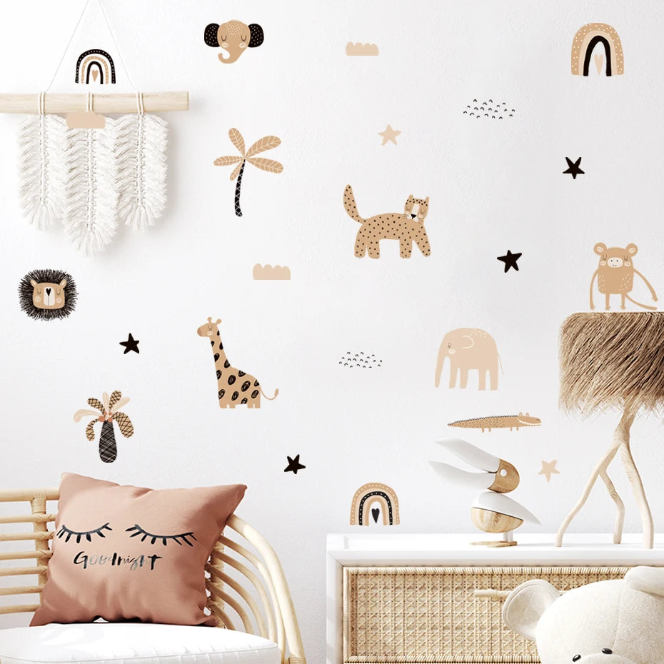 Boho Cartoon Rainbow & Animal Wall Decals - Watercolor Nursery Stickers for Kids' Rooms