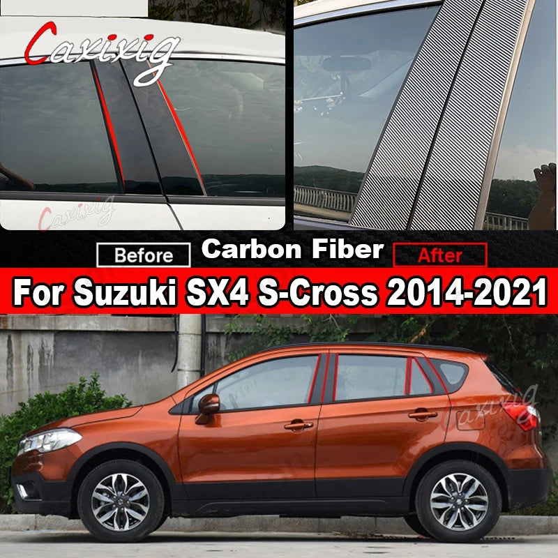 For Suzuki Scross SX4 2014-2021 8x Black Car Door Window Center BC Pillar Posts Trim Cover Sticker PC Mirror Effect Carbon Fiber