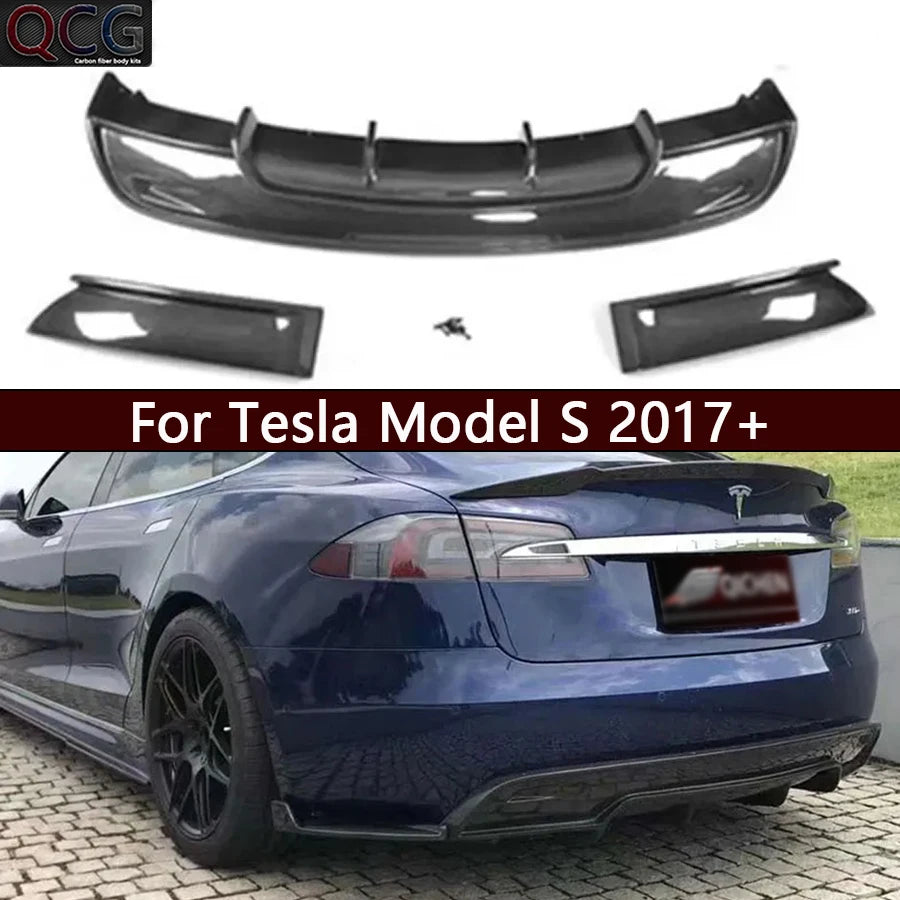 Real Carbon Fiber Rear Bumper Diffuser & Splitters for Tesla Model S (2017+) | Back Lip Body Kit