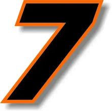 Cargar imagen en el visor de la galería, Custom Race Number Vinyl Sticker – Square Font, Black &amp; Orange Border | 5 Sizes, Digits 0–9