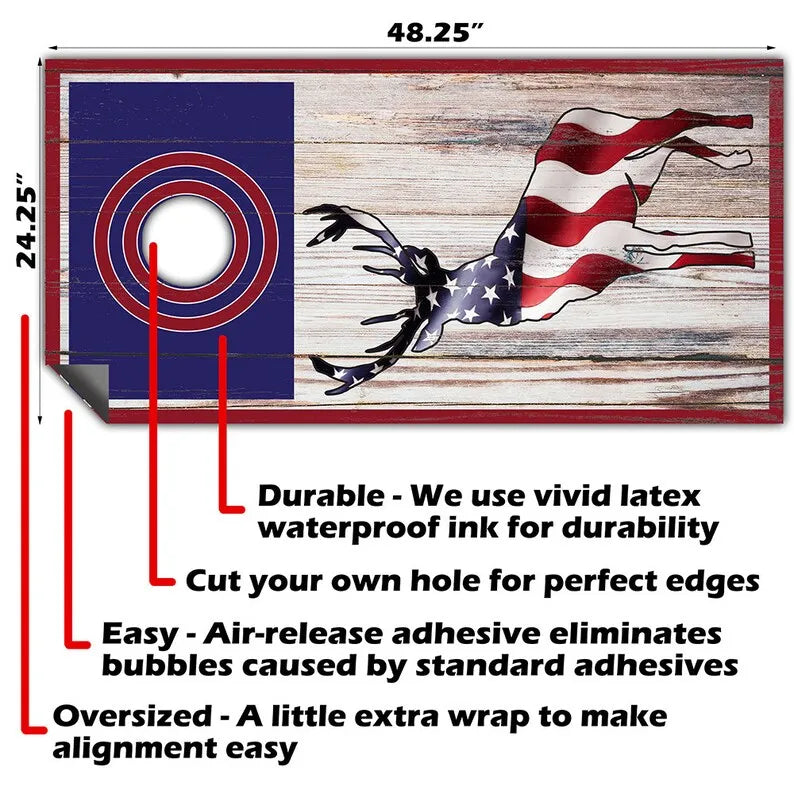 Cornhole Board Wraps and Decals for Boards Set of 2 Skins Professional Vinyl Covers Sticker - Elk Hunting American Flag Art Deca