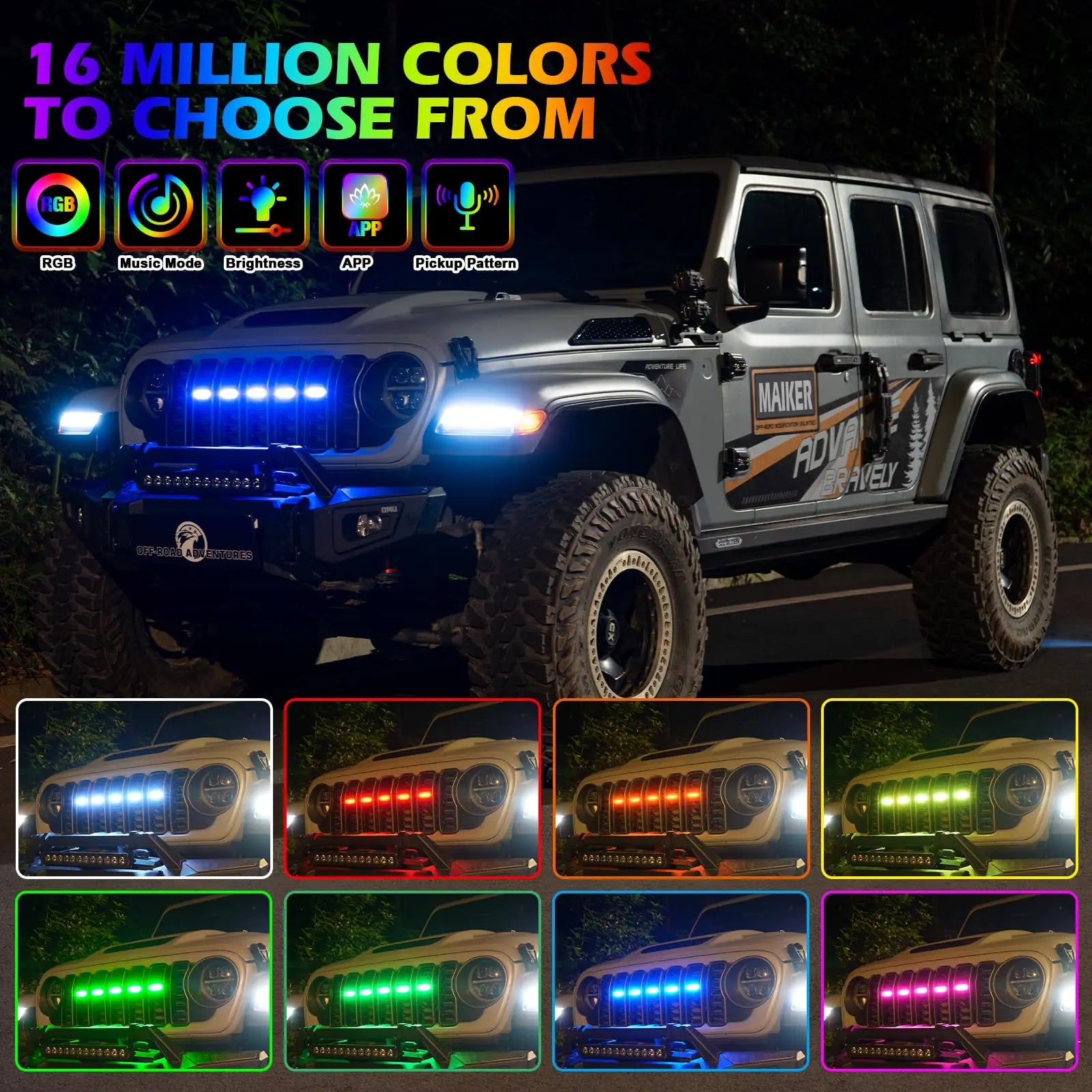 MAIKER RGB LED Front Grille Lights For 2024-2025 Jeep Wrangler JL JLU JT Original Factory Grille, 5PCS RGB Exterior Grill Lamp