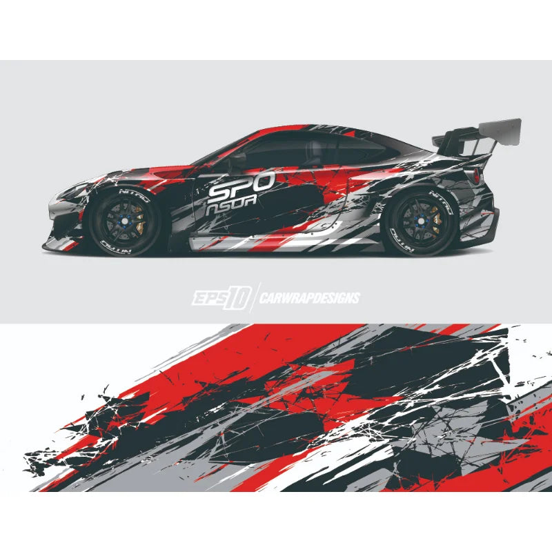 Modern Red Racing Stripe Vinyl Car Wrap - Full Body Decorative Decal for Custom Styling