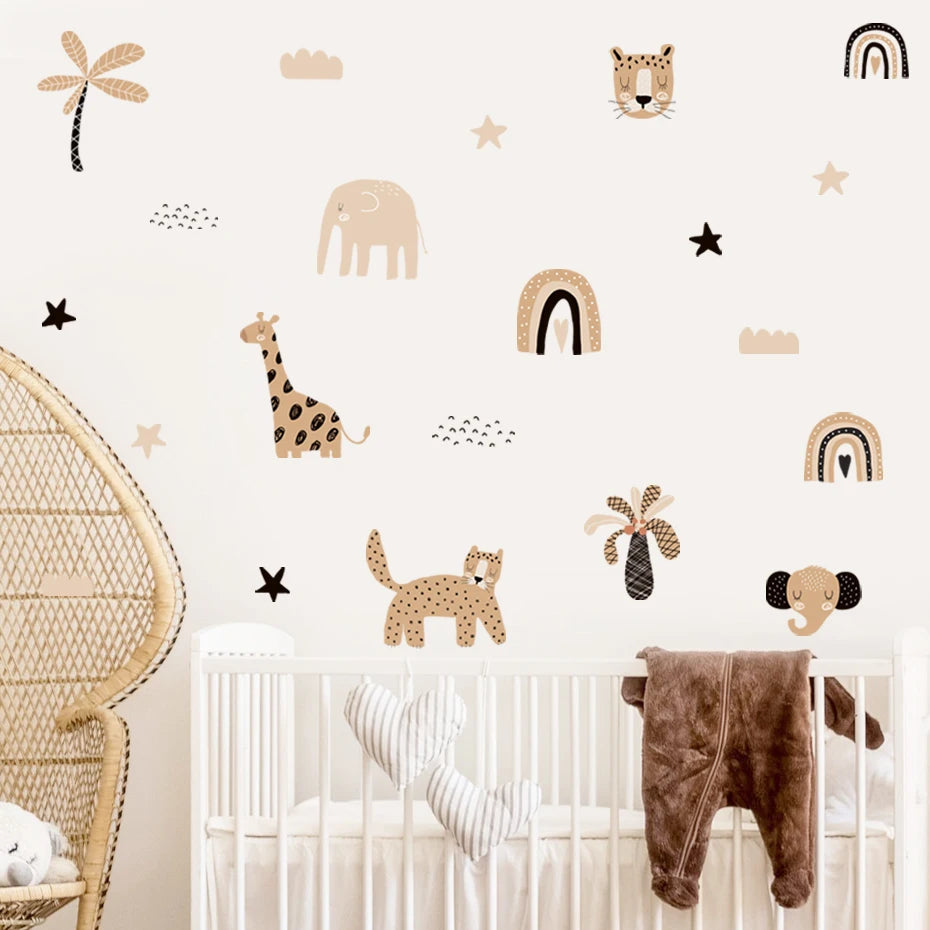 Boho Cartoon Rainbow & Animal Wall Decals - Watercolor Nursery Stickers for Kids' Rooms