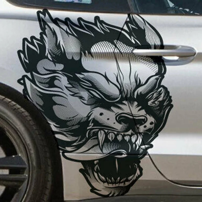 Tribal Hunting Cat & Wolf Vinyl Decal - Grunge Tattoo Design for Dodge Charger, Car, or Truck