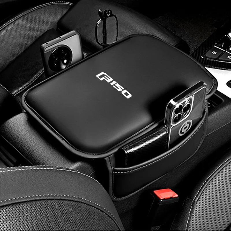 Leather Center Console Armrest Pad & Storage Pocket for Ford F-150 | Brown / Black / Red
