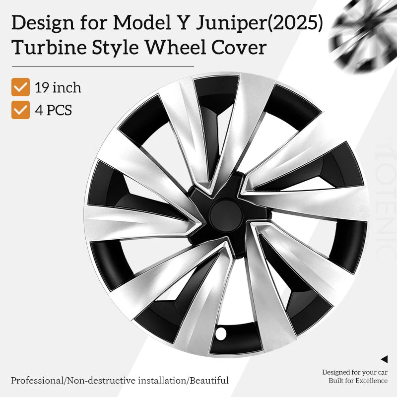 19" Matte Black / Silver Black Wheel Cover for Tesla Model Y Juniper (2025–2026) | 4-Piece Replacement Hub Cap