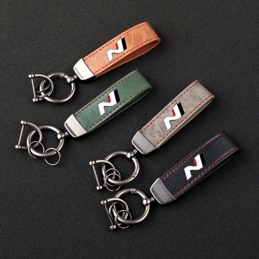 High-Grade Leather Car Keychain with 360° Rotating Horseshoe Ring | Perfect for Hyundai N Line Accessories