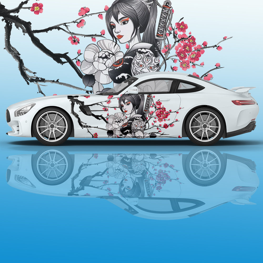 Geisha Plum Blossom Car Decal - Ink Painting Side Graphic Vinyl Racing Decoration