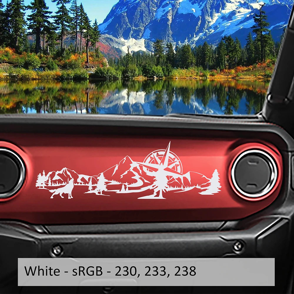 Jeep Wrangler JL & Gladiator JT Dashboard Decal – Wolf, Mountain & Compass Scene Vinyl Sticker (2018+)