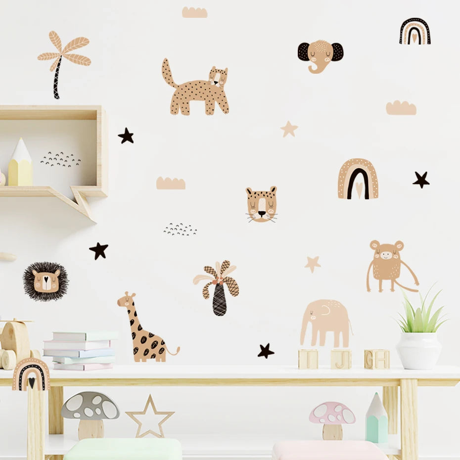 Boho Cartoon Rainbow & Animal Wall Decals - Watercolor Nursery Stickers for Kids' Rooms