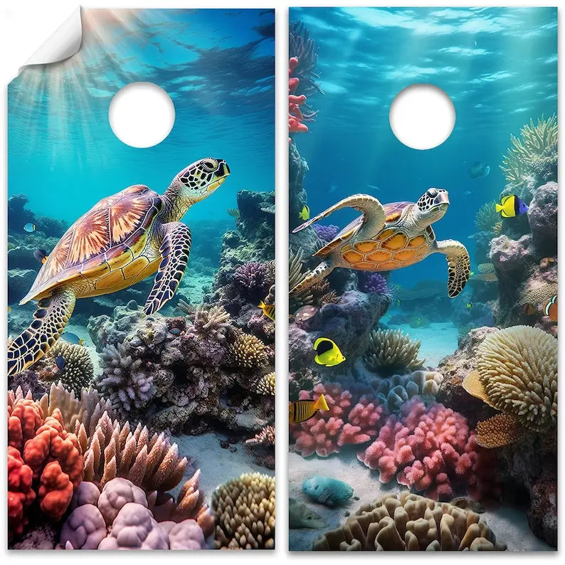 Cornhole Board Wraps and Decals for Boards Set of 2 Skins Professional Vinyl Sticker - Sea Turtles in Ocean Under Sea World Beac