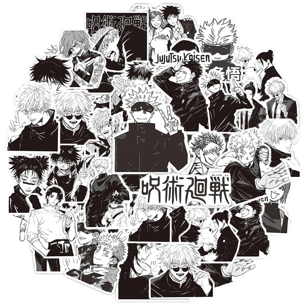 10/30/65PCS Jujutsu Kaisen Anime Stickers - Black & White Vinyl Decals for DIY Computer, Phone Case, Diary, and More