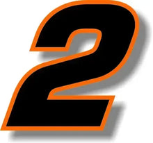 Cargar imagen en el visor de la galería, Custom Race Number Vinyl Sticker – Square Font, Black &amp; Orange Border | 5 Sizes, Digits 0–9
