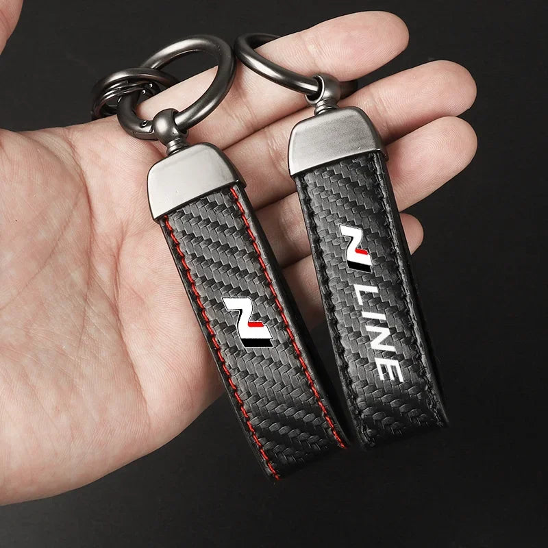 Carbon Fiber Leather Keychain with Horseshoe Buckle for Hyundai N Line Models | Premium Accessory for Elantra, Sonata, Veloster, and More