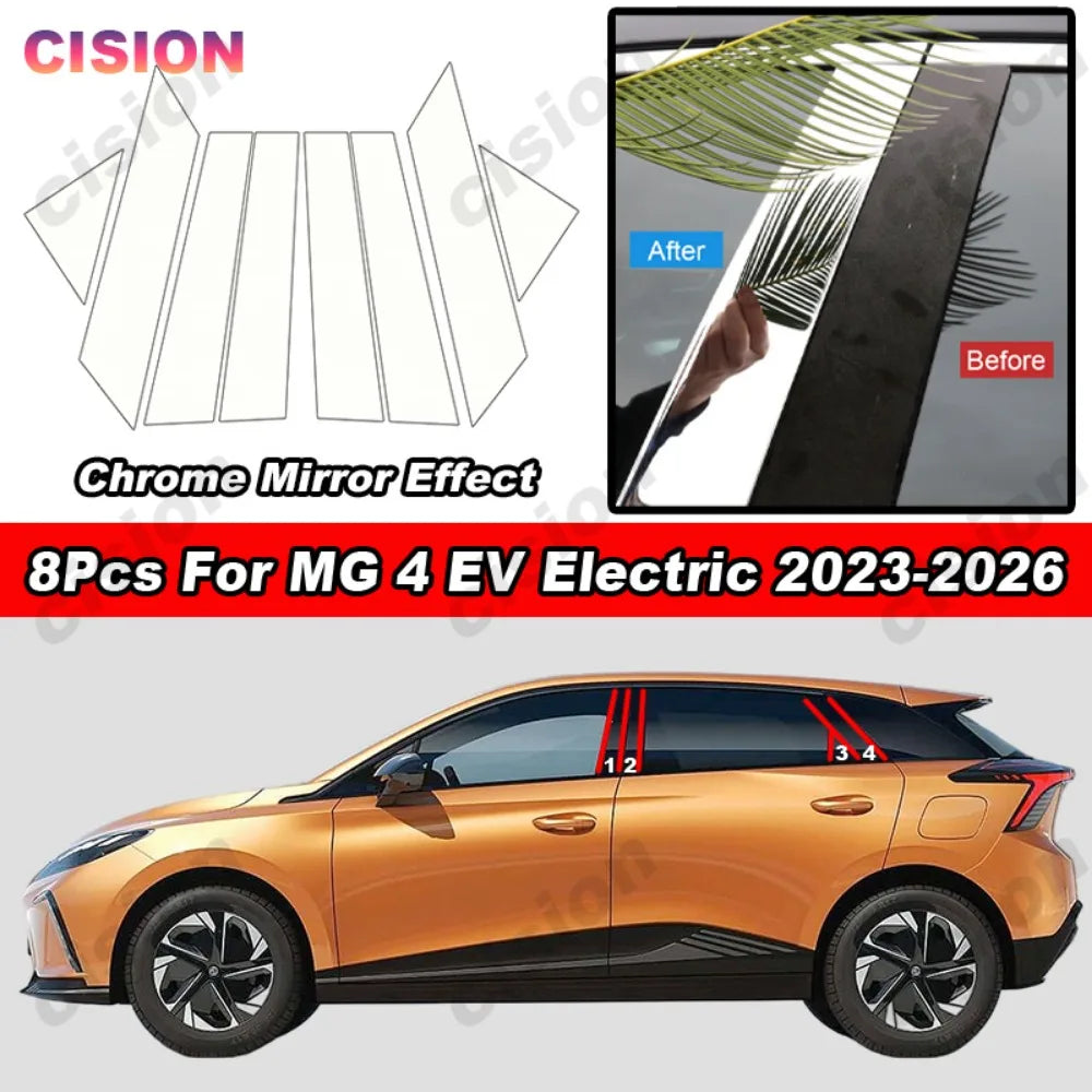 Glossy Carbon Fiber Black Chrome Car Door Window Center BC Pillar Post Middle Column Cover Trim PC Sticker For MG 4 EV 2023-2026