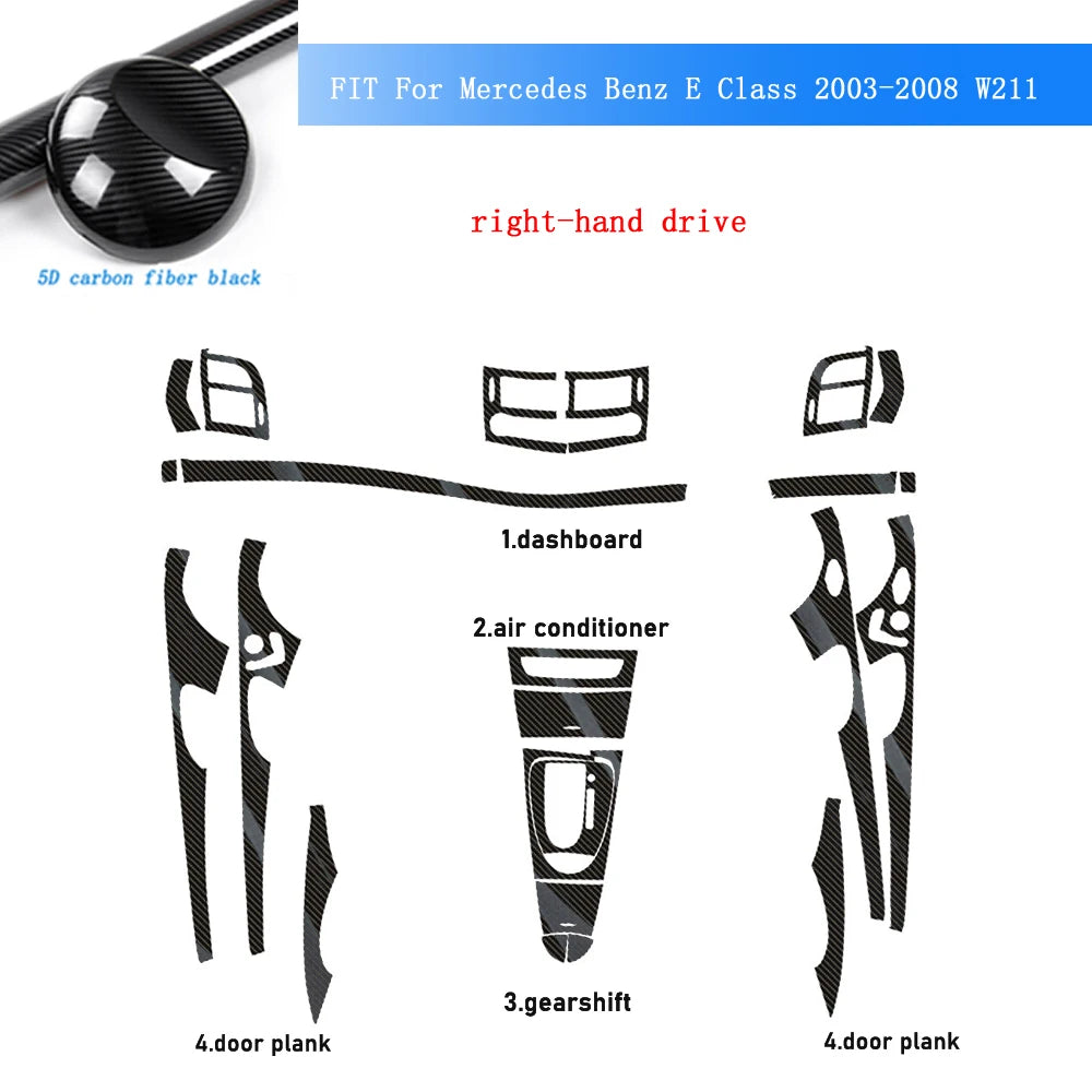 Interior Central Control Panel & Door Handle Trim for Mercedes-Benz E-Class W211 (2003–2008) | Carbon Fiber