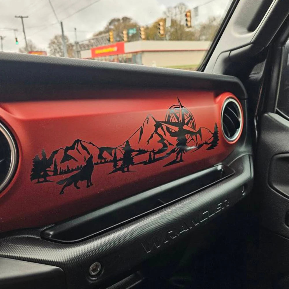Jeep Wrangler JL & Gladiator JT Dashboard Decal – Wolf, Mountain & Compass Scene Vinyl Sticker (2018+)